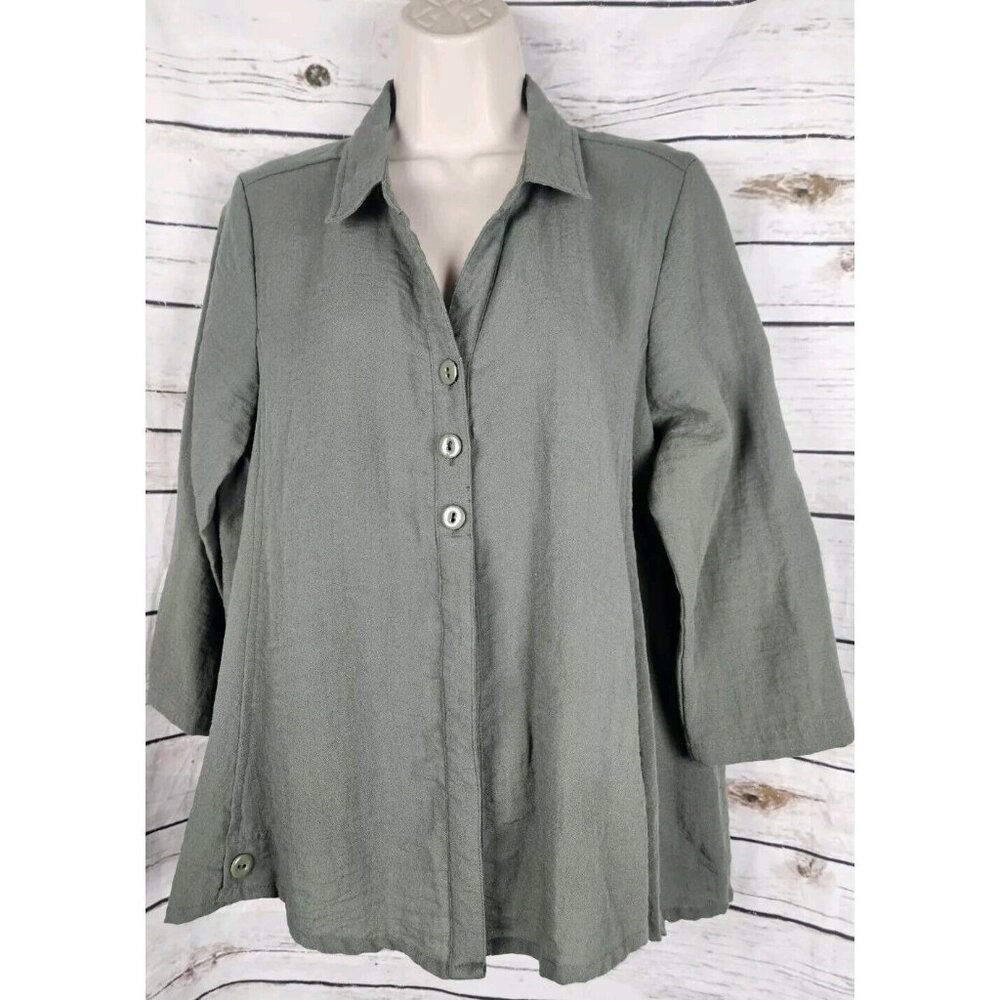 Lulu B Olive Green Button Top Medium Rayon A-Line Lagenlook 3/4 Sleeves